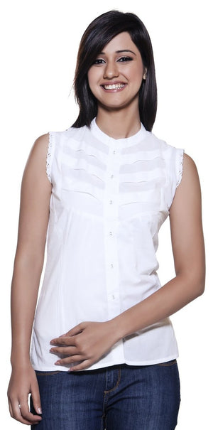 In-Sattva Women's White Short Kurta Tunic with Pleated Sleeveless Design, front view