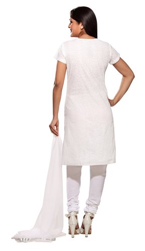 women's White Tonal Floral Kurta Set with Embroidered Yoke from behind, showing the back of the kurta and its overall shape.