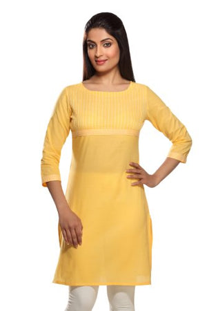 In-Sattva Women's Yellow Cotton Kurta with pintuck detailing & mix & match style, front view