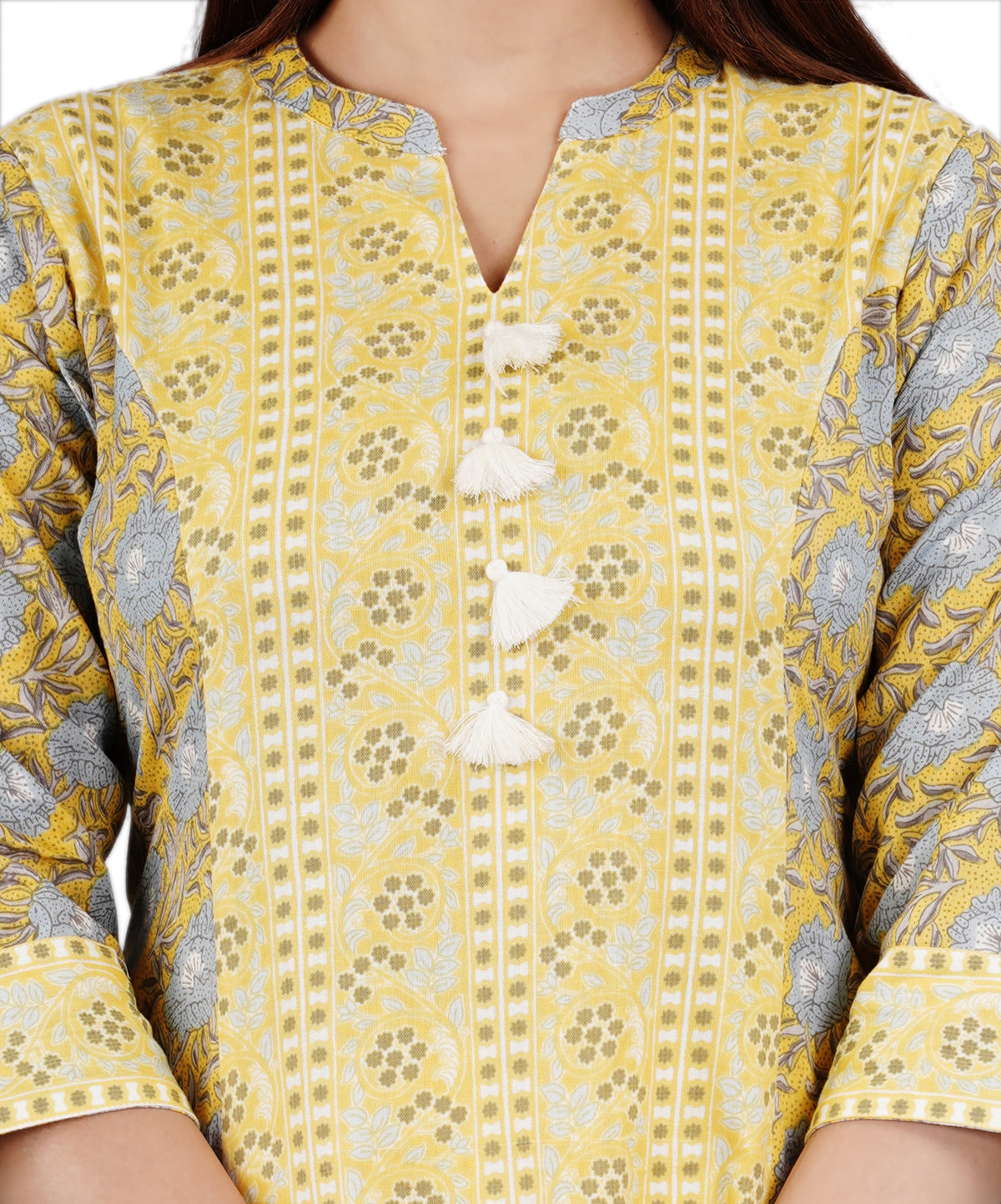 In-Sattva Women's Yellow Floral Print Kurta with block print & cotton fabric, design detail close-up