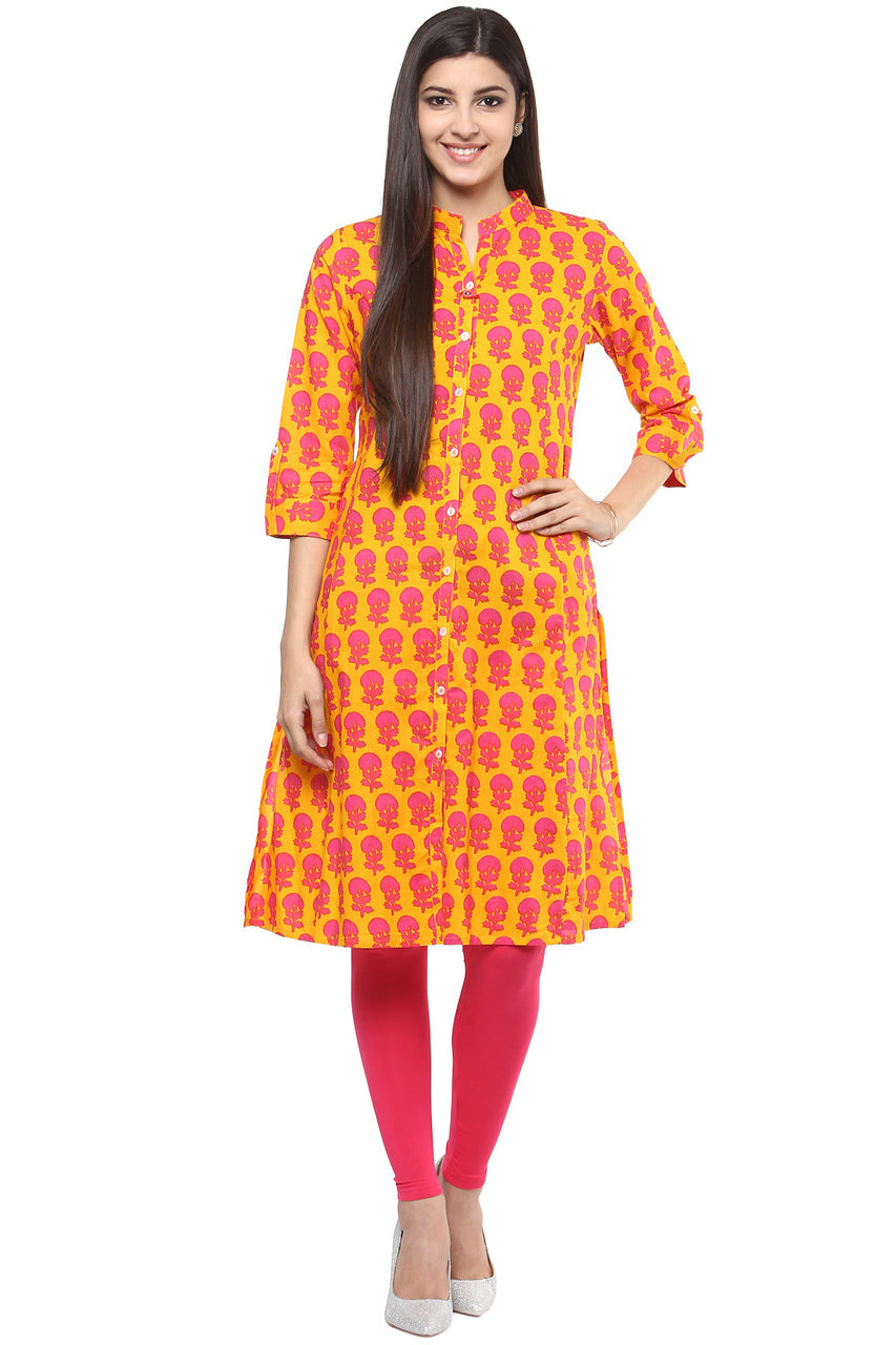 In-Sattva Women's Yellow Floral Print Kurta - Cotton, front view