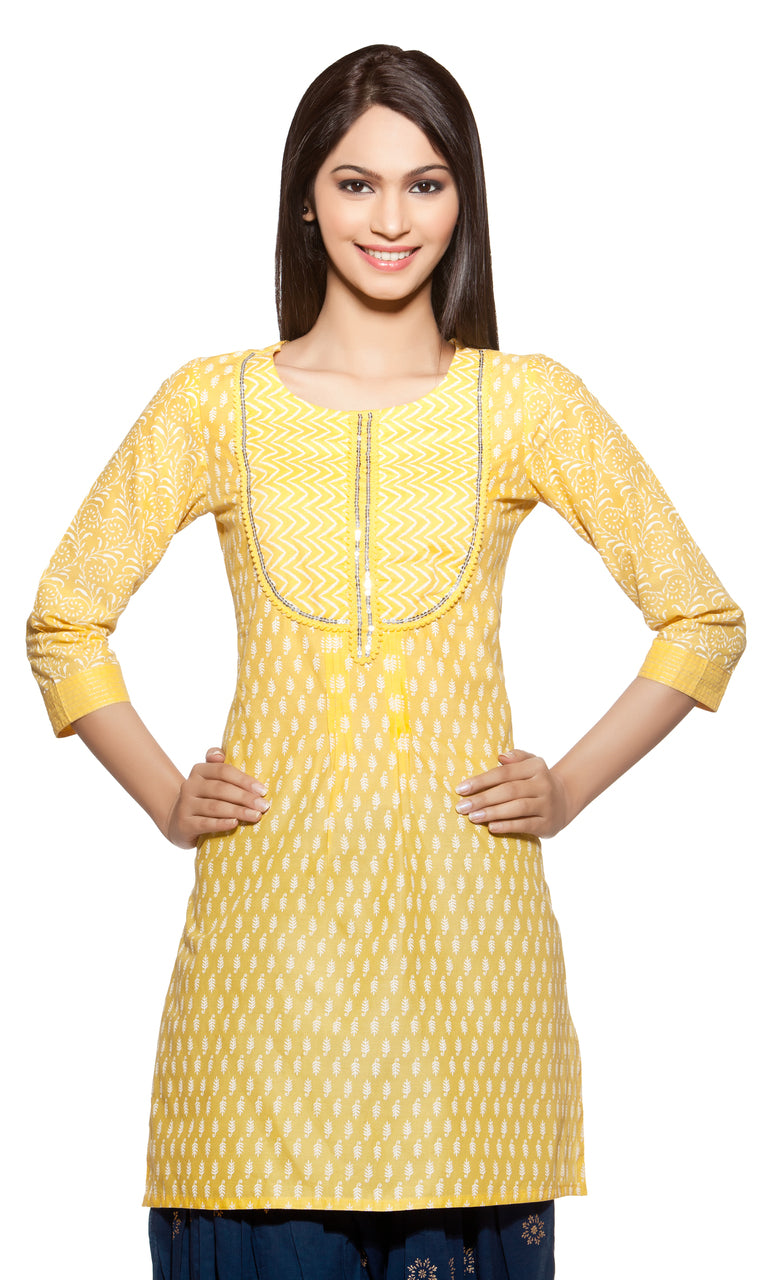 In-Sattva Women's Yellow Long Kurta Tunic - Sequin Accents with neckline detail, front view