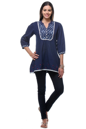 In-Sattva Women's Zigzag Print Short Kurta Tunic featuring patterned yoke, front view