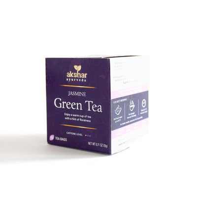 Akshar Ayurveda Jasmine Green Herbal Tea, 10 tea bags retail packaging box, front and side view