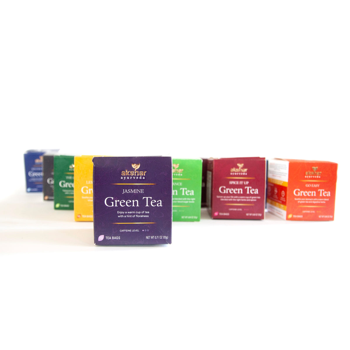 Akshar Ayurveda Jasmine Green Herbal Tea, 10 tea bags featured in the assorted herbal tea collection