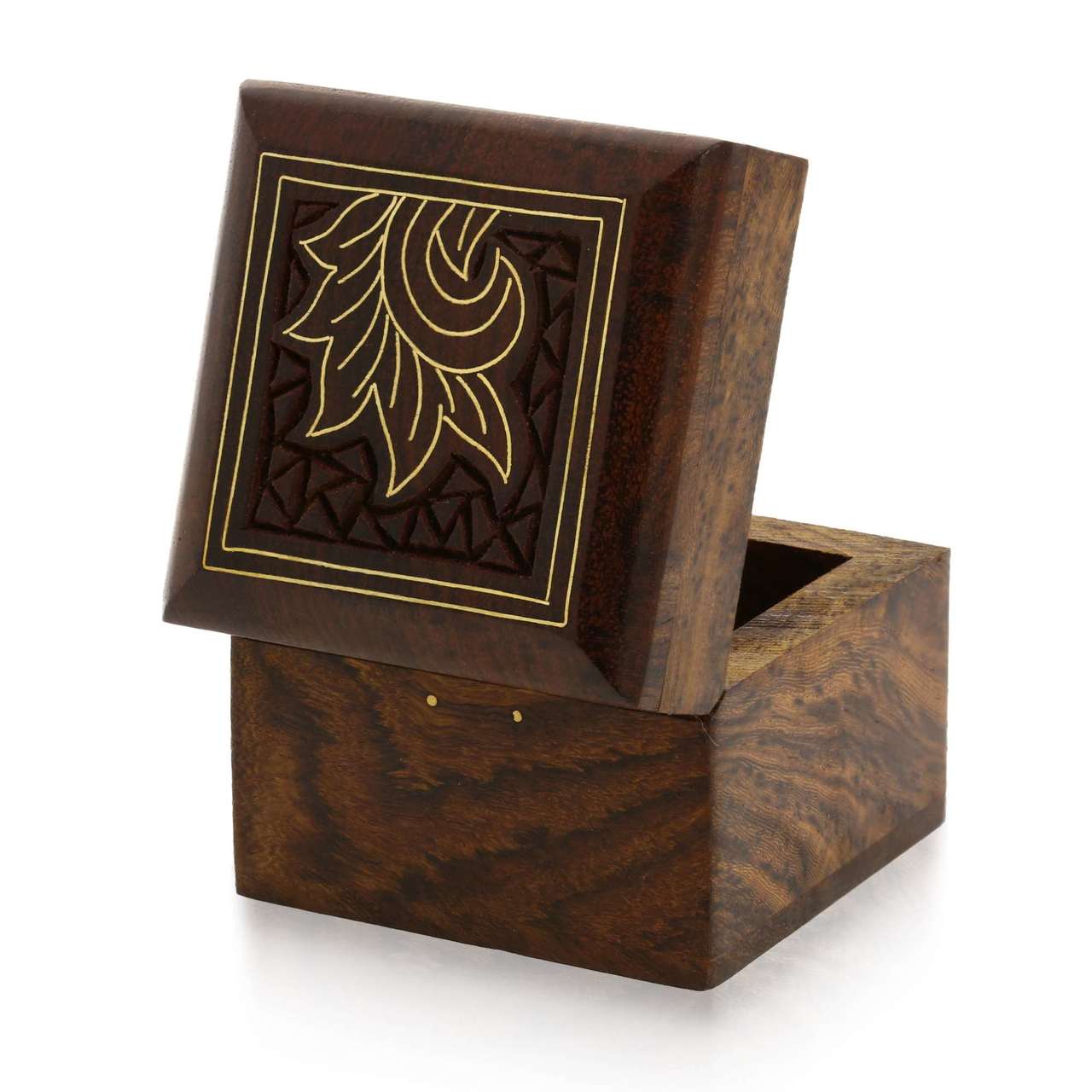 Handmade Pure Wooden Jewelry Box with Carved Brass and Wood Floral design for Rings, Earrings, Toe Rings or Cufflinks