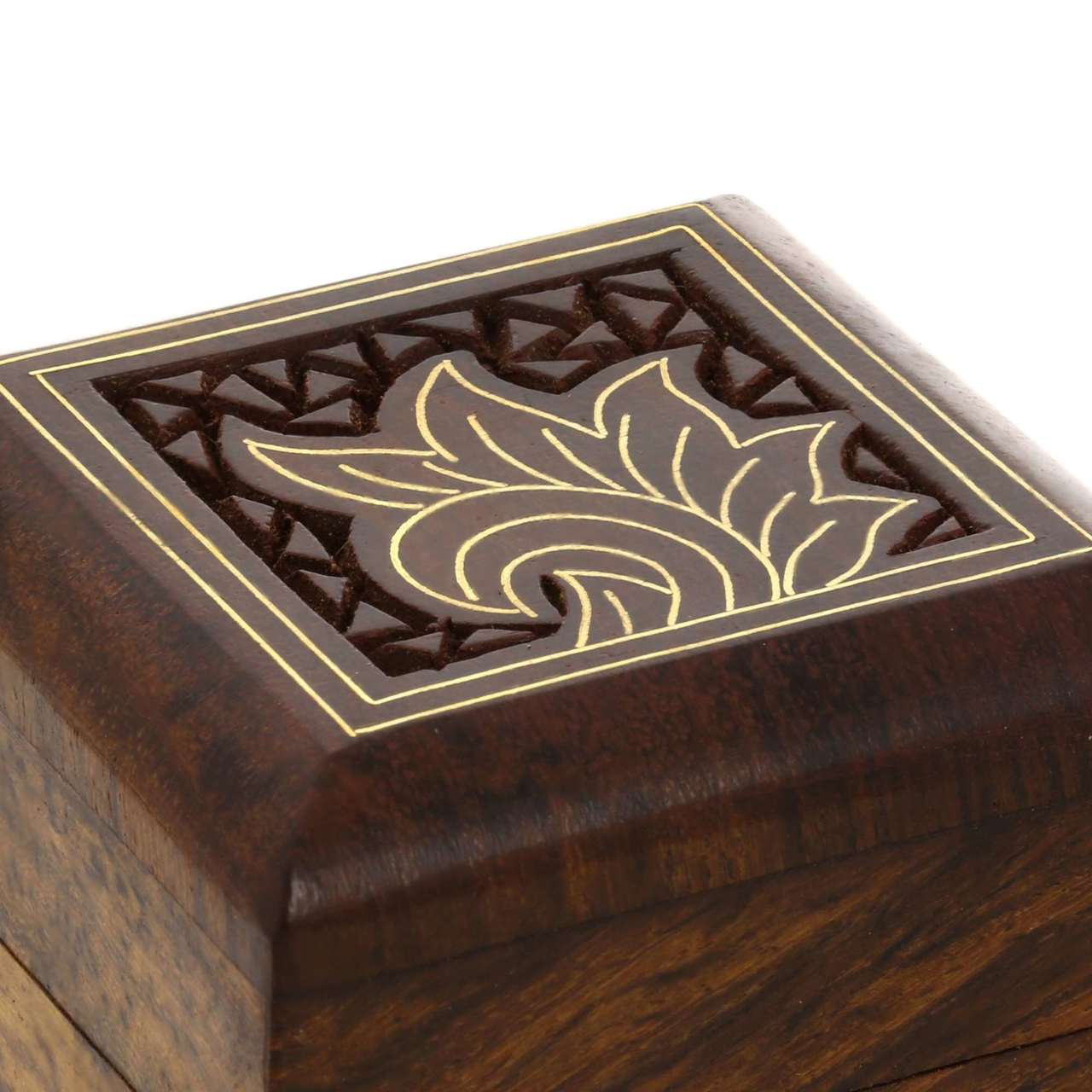 Handmade Pure Wooden Jewelry Box with Carved Brass and Wood Floral design for Rings, Earrings, Toe Rings or Cufflinks
