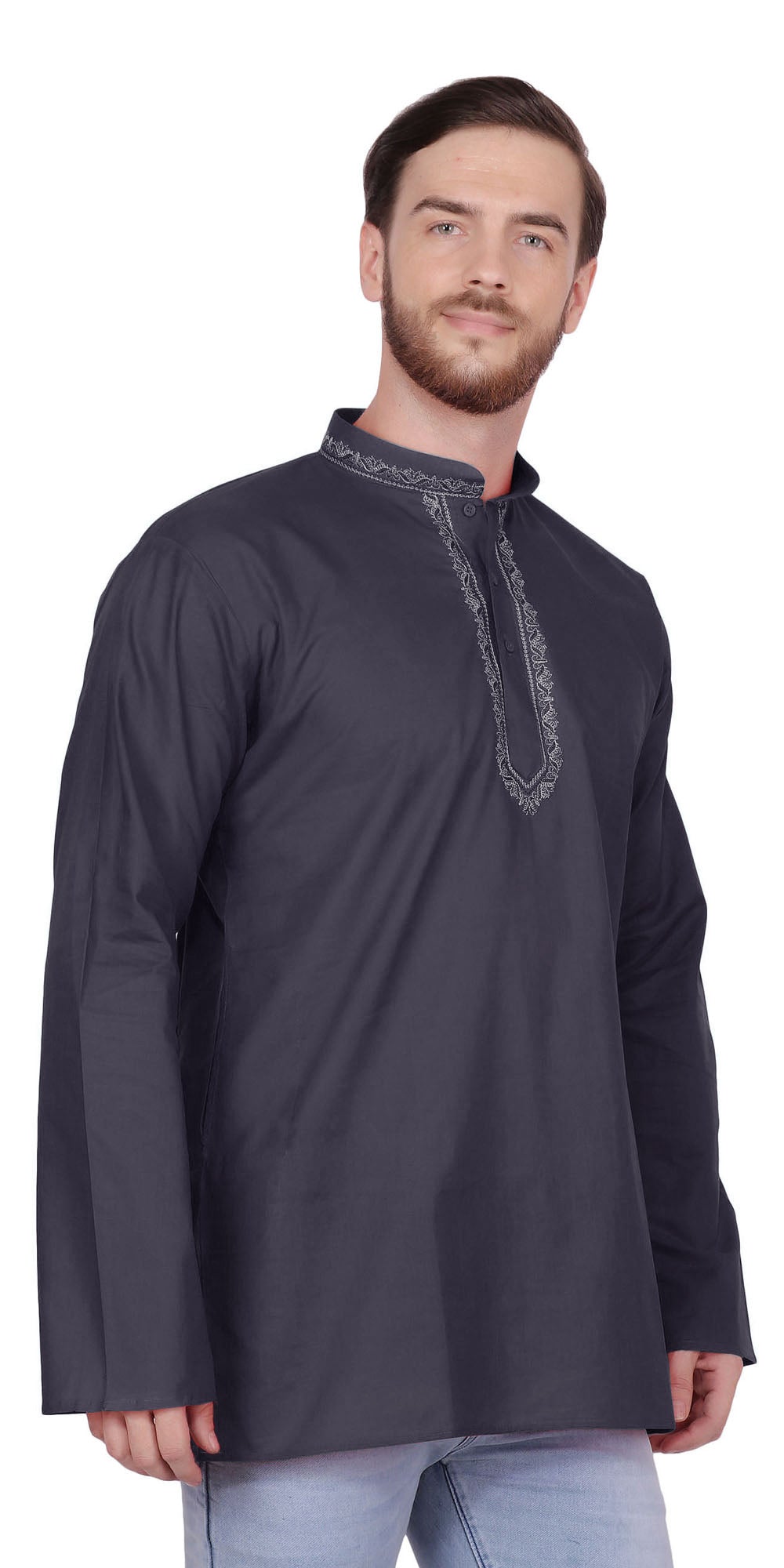 Handmade Men's Embroidered Cotton Hip Length Kurta Tunic Shirt Black