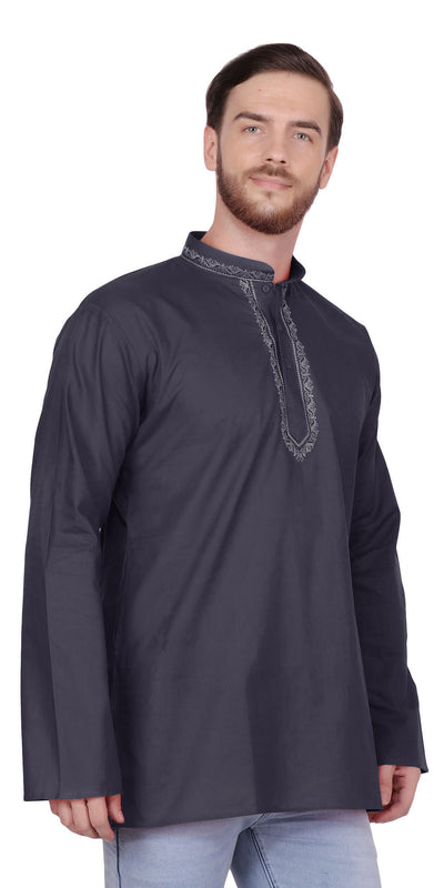 Handmade Men's Embroidered Cotton Hip Length Kurta Tunic Shirt Black