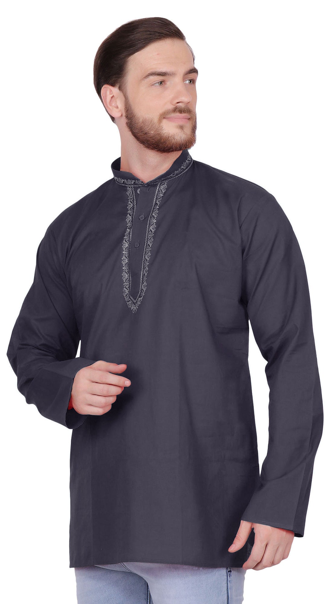 Handmade Men's Embroidered Cotton Hip Length Kurta Tunic Shirt Black