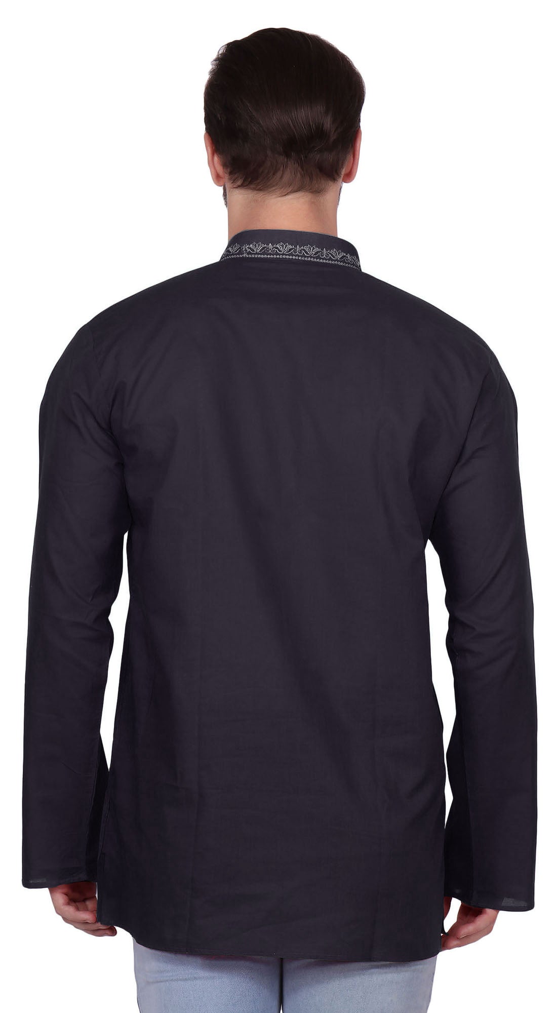 Handmade Men's Embroidered Cotton Hip Length Kurta Tunic Shirt Black