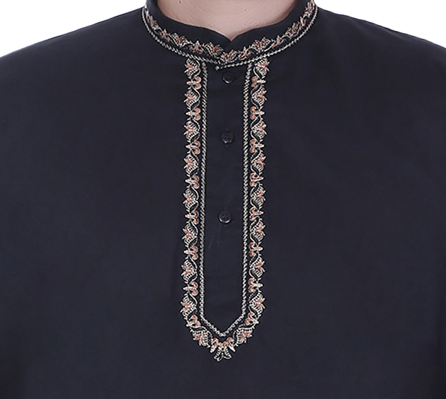 Handmade Men's Embroidered Cotton Hip Length Kurta Tunic Shirt Black