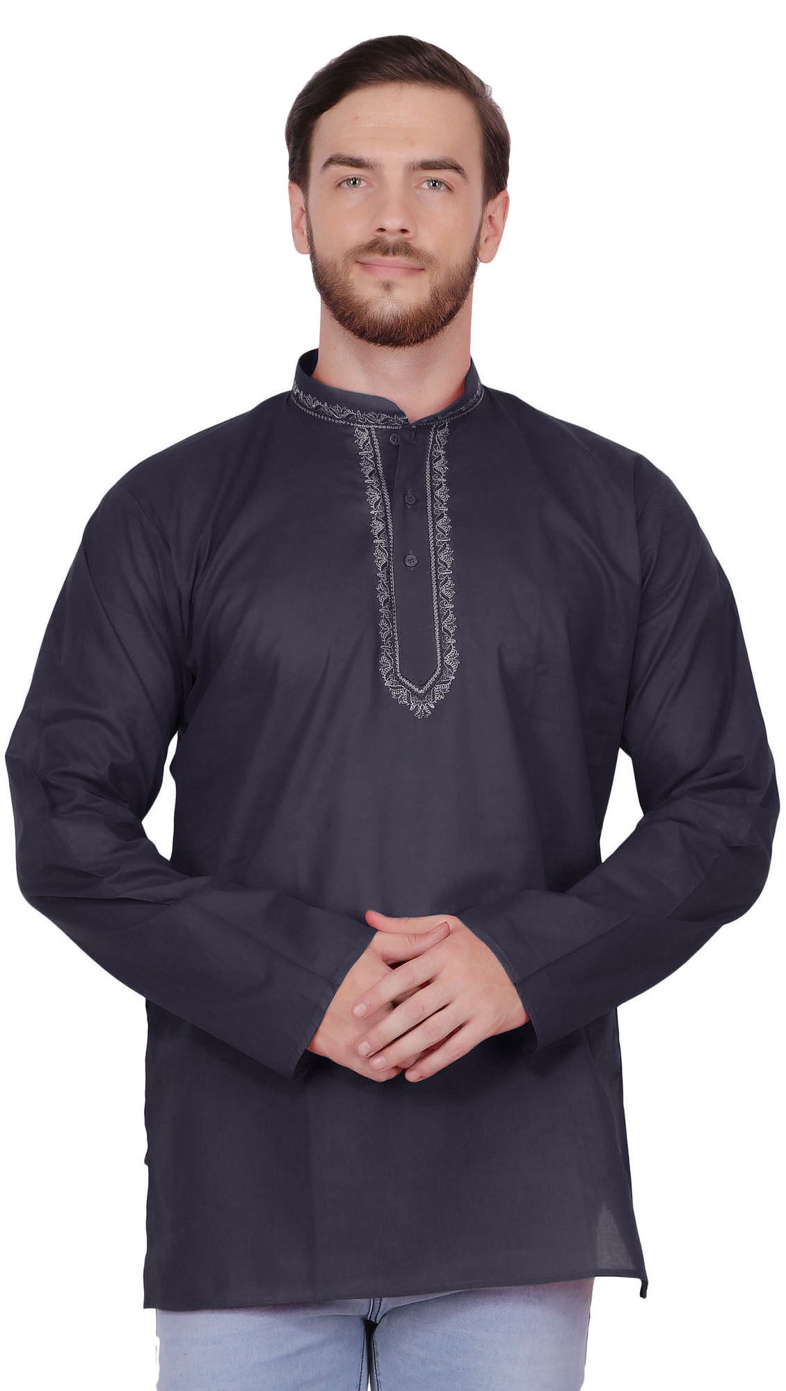 Handmade Men's Embroidered Cotton Hip Length Kurta Tunic Shirt Black