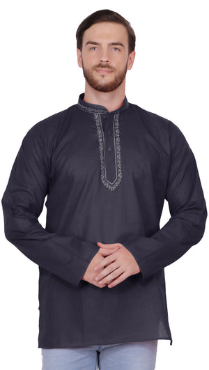 Handmade Men's Embroidered Cotton Hip Length Kurta Tunic Shirt Black