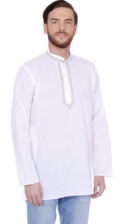 Handmade Men's Embroidered Cotton Hip Length Kurta Tunic Shirt White