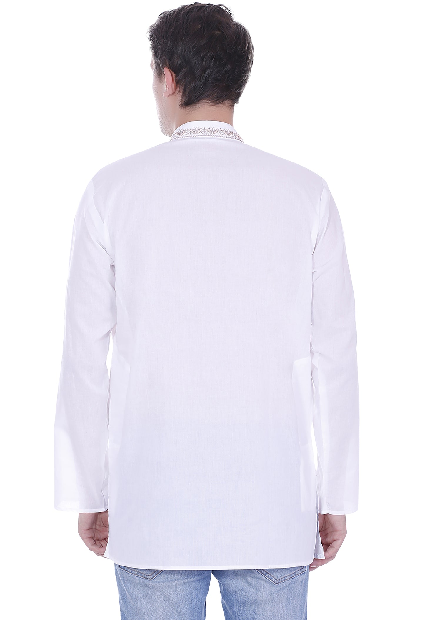 Handmade Men's Embroidered Cotton Hip Length Kurta Tunic Shirt White