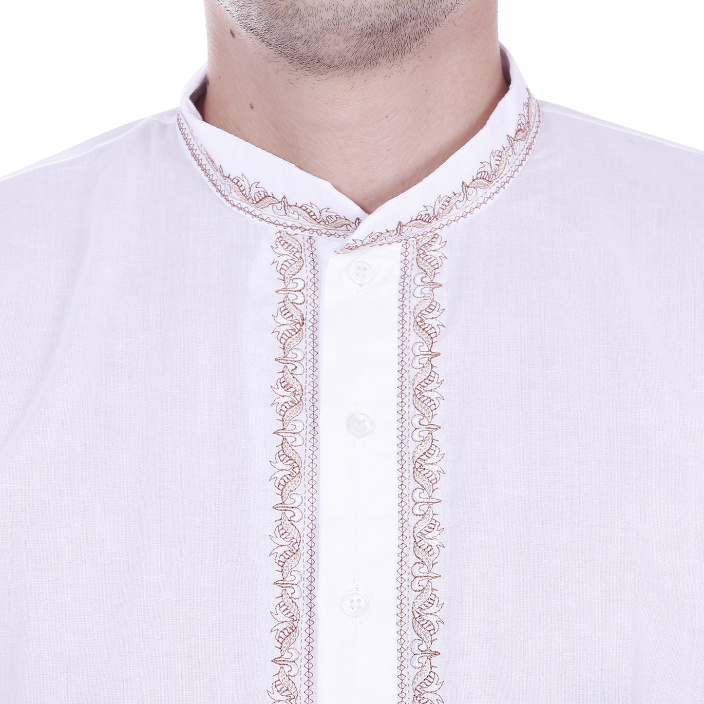 Handmade Men's Embroidered Cotton Hip Length Kurta Tunic Shirt White