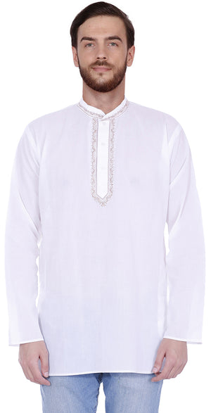 Handmade Men's Embroidered Cotton Hip Length Kurta Tunic Shirt White