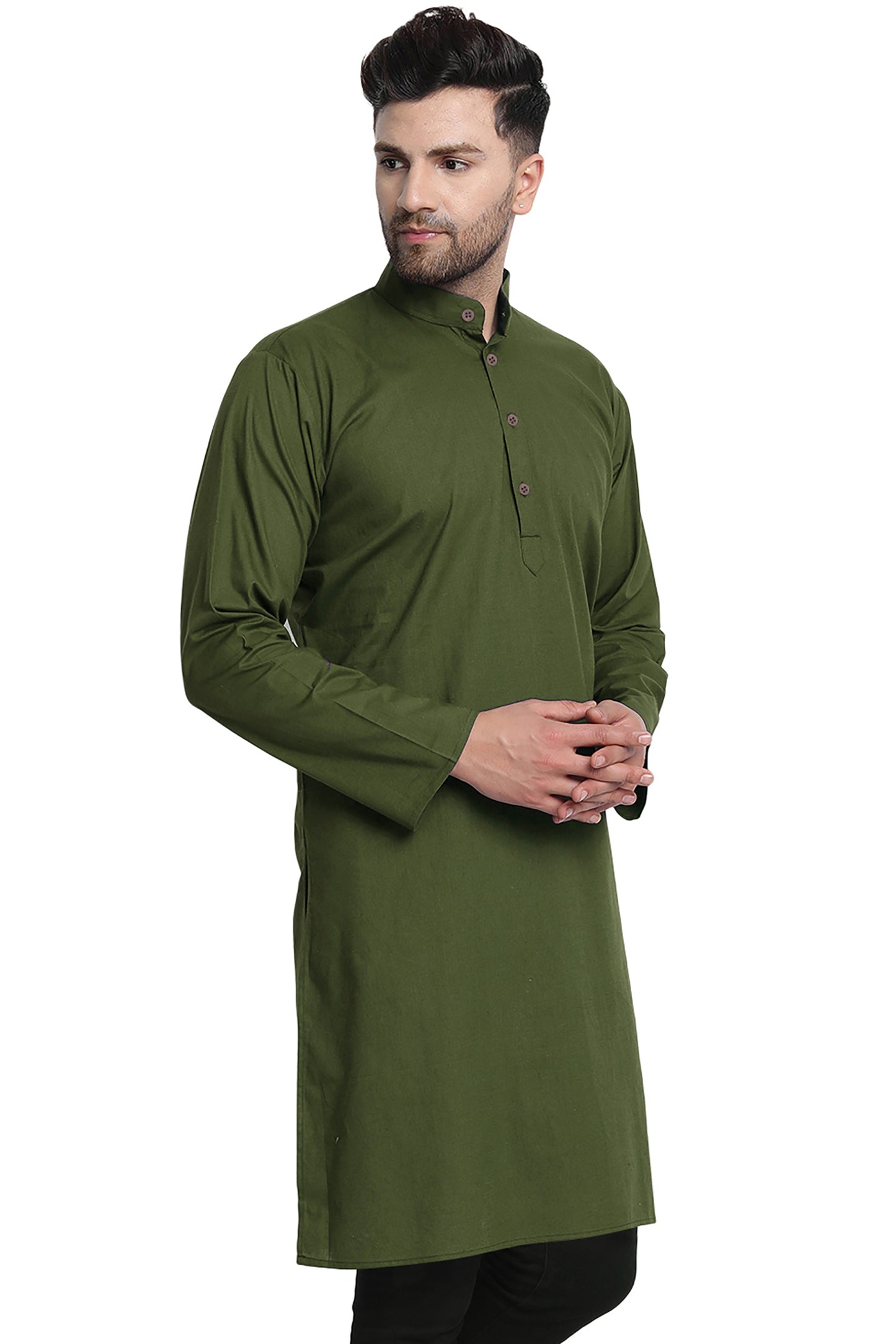 In-Sattva Men's Indian Banded Classic Collar Pure Cotton Olive Green Long Kurta Tunic
