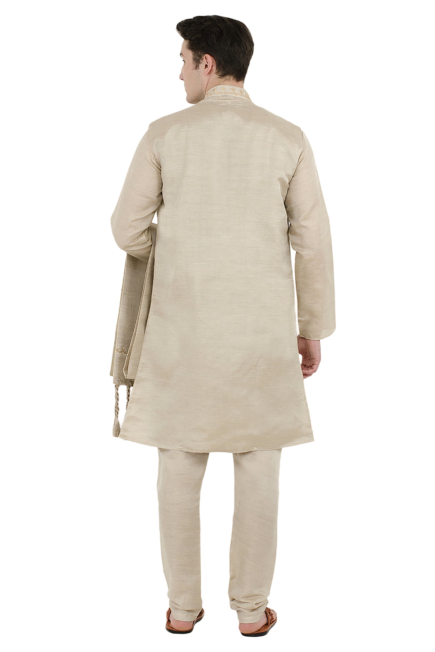 In-Sattva Men's Indian Four-Piece Ensemble Elegant Embroidered Kurta Tunic Pajama Beige