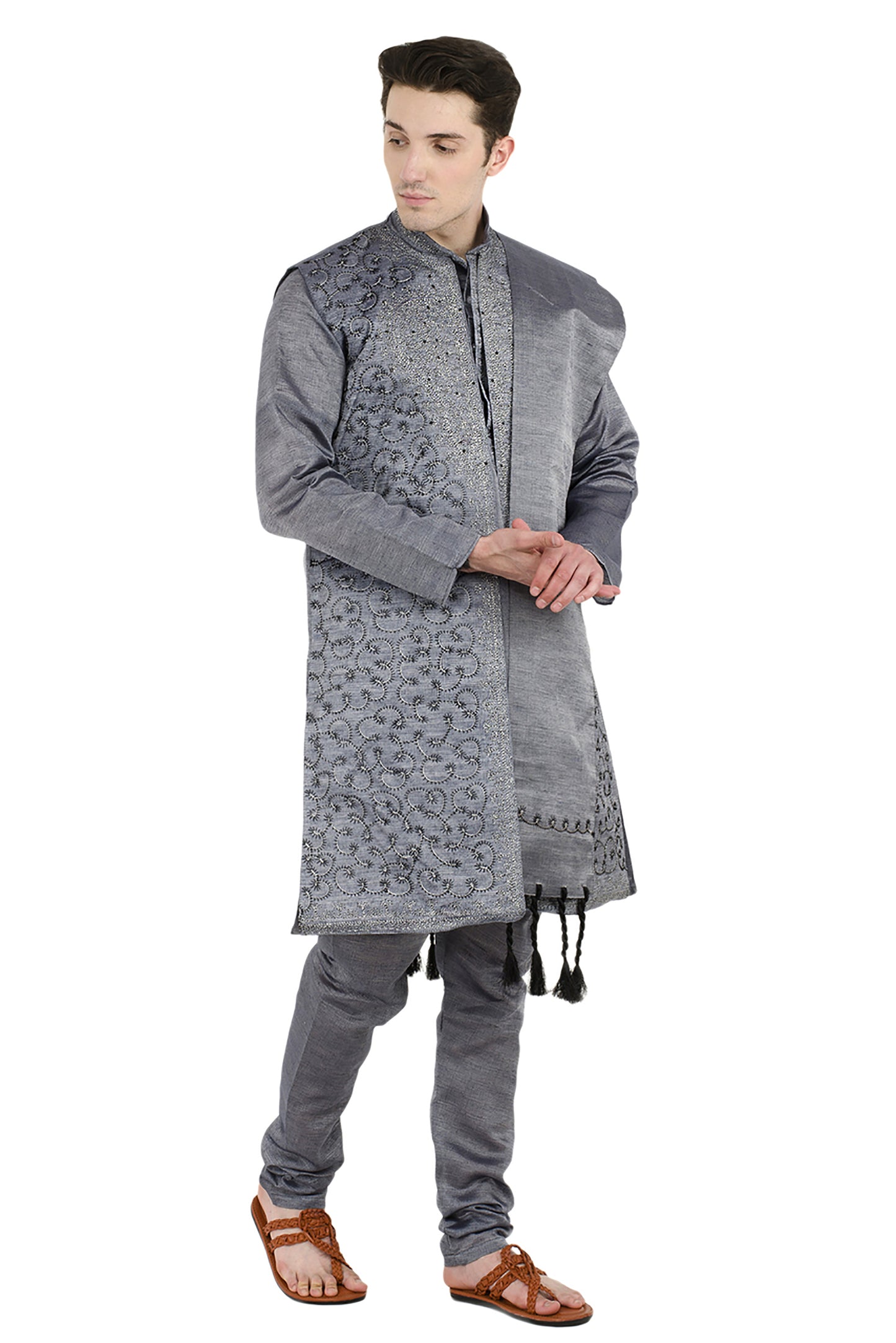 In-Sattva Men's Indian Four-Piece Ensemble Elegant Embroidered Kurta Tunic Pajama Grey