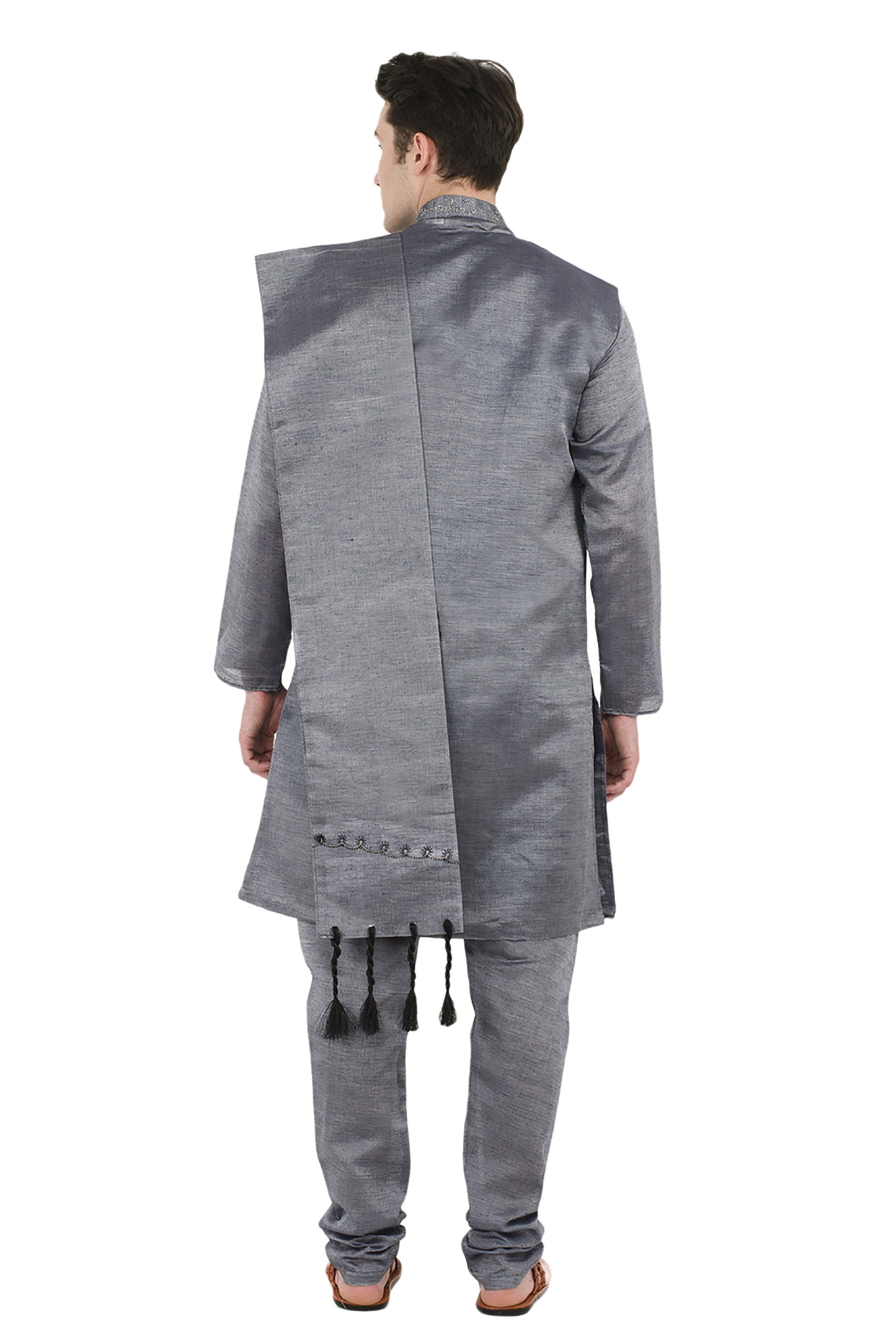 In-Sattva Men's Indian Four-Piece Ensemble Elegant Embroidered Kurta Tunic Pajama Grey