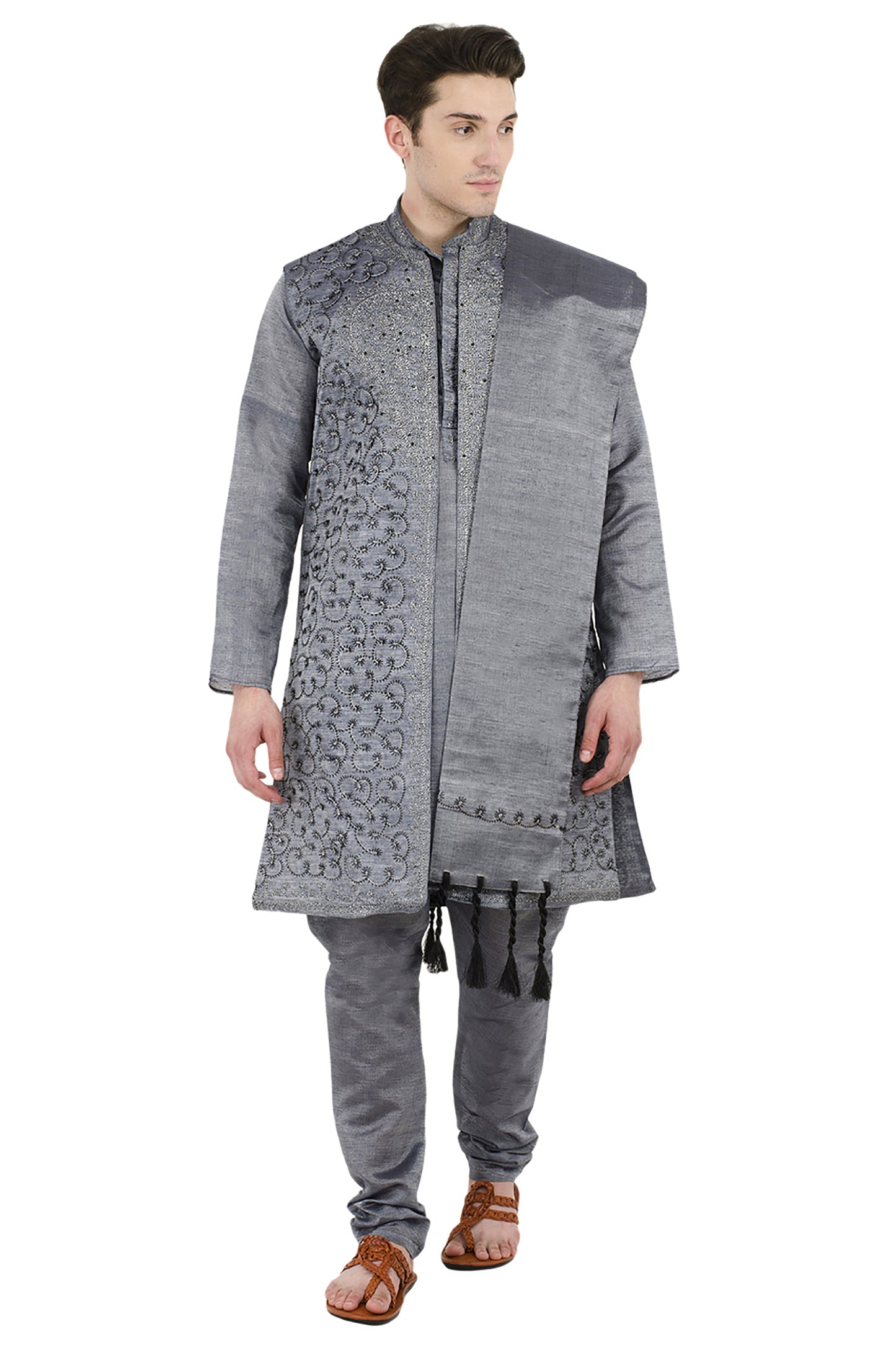 In-Sattva Men's Indian Four-Piece Ensemble Elegant Embroidered Kurta Tunic Pajama Grey