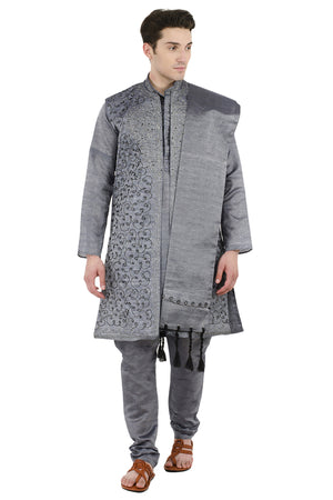 In-Sattva Men's Indian Four-Piece Ensemble Elegant Embroidered Kurta Tunic Pajama Grey