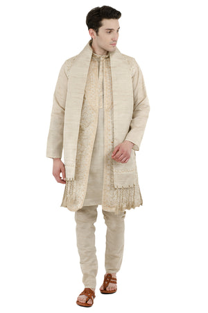 In-Sattva Men's Indian Four-Piece Ensemble Elegant Embroidered Kurta Tunic Pajama Off White