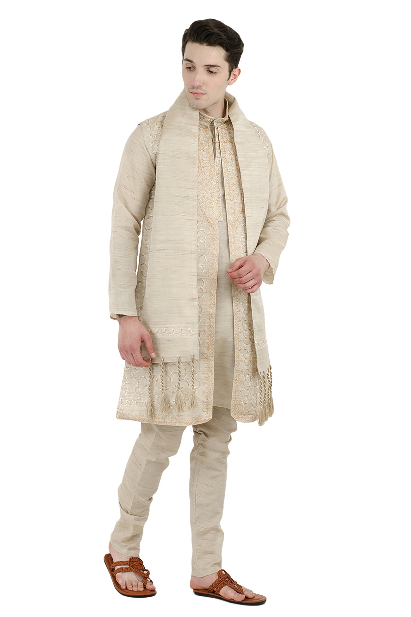 In-Sattva Men's Indian Four-Piece Ensemble Elegant Embroidered Kurta Tunic Pajama Off White