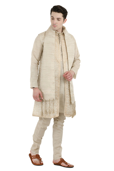 In-Sattva Men's Indian Four-Piece Ensemble Elegant Embroidered Kurta Tunic Pajama Off White