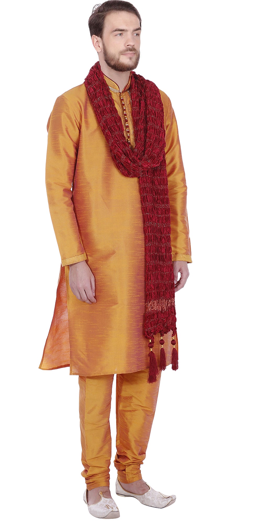 Handmade Caramel Colored Gold Threaded Silk Men's Kurta Pajama Set