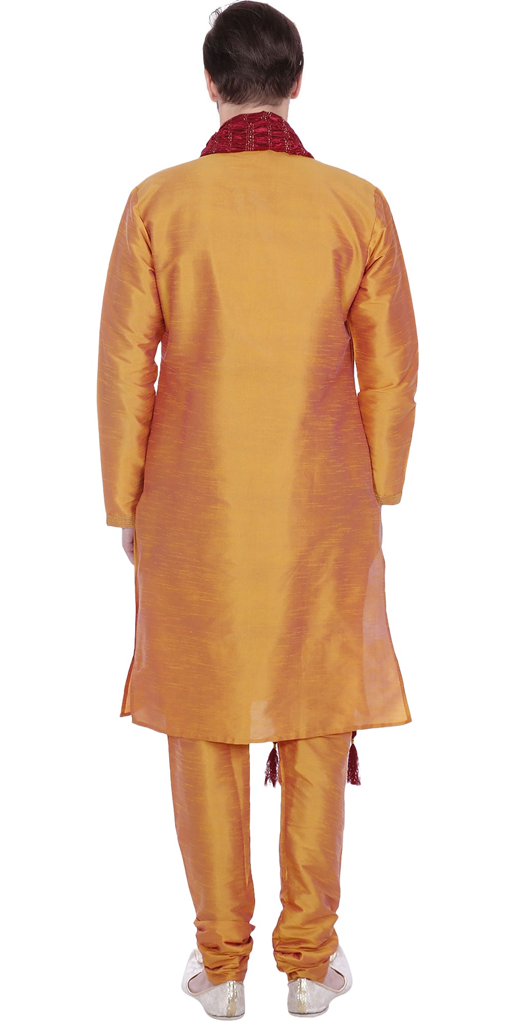 Handmade Caramel Colored Gold Threaded Silk Men's Kurta Pajama Set