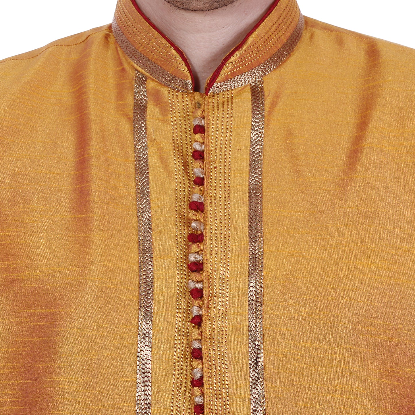 Handmade Caramel Colored Gold Threaded Silk Men's Kurta Pajama Set