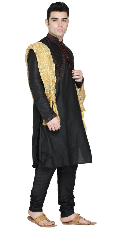 In-Sattva Men's Indian Three-Piece Ensemble Round Neck Buttoned Stripe Patterned Kurta Tunic Pajama Black