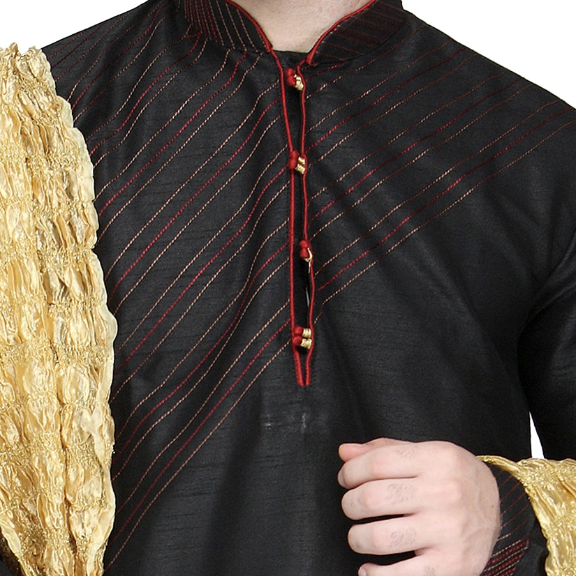 In-Sattva Men's Indian Three-Piece Ensemble Round Neck Buttoned Stripe Patterned Kurta Tunic Pajama Black