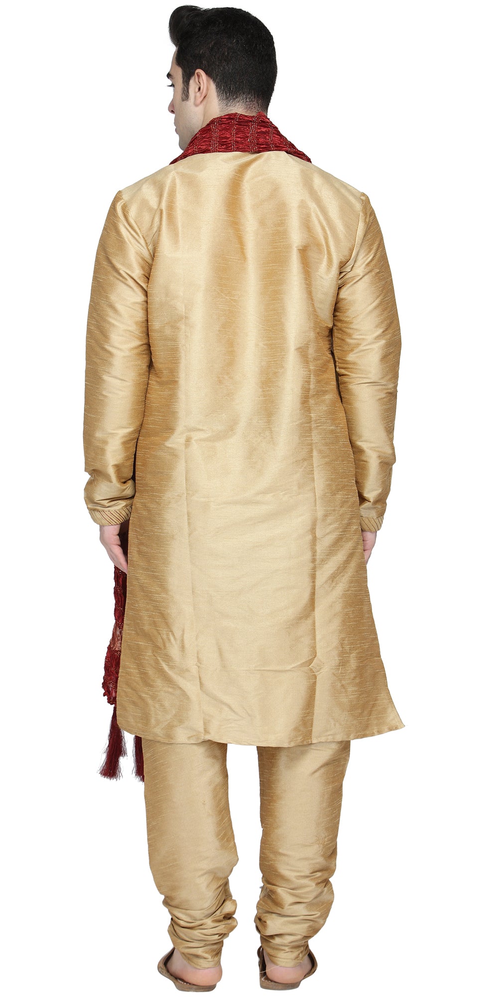 In-Sattva Men's Indian Three-Piece Ensemble Round Neck Buttoned Stripe Patterned Kurta Tunic Pajama Brown