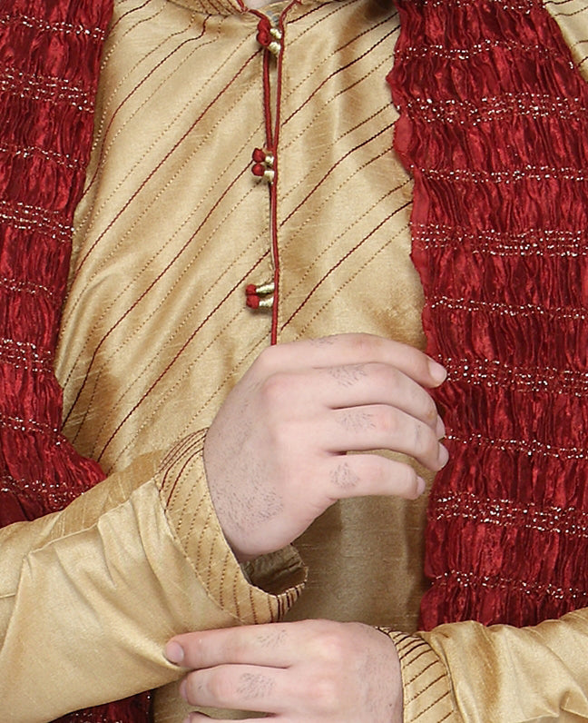 In-Sattva Men's Indian Three-Piece Ensemble Round Neck Buttoned Stripe Patterned Kurta Tunic Pajama Brown