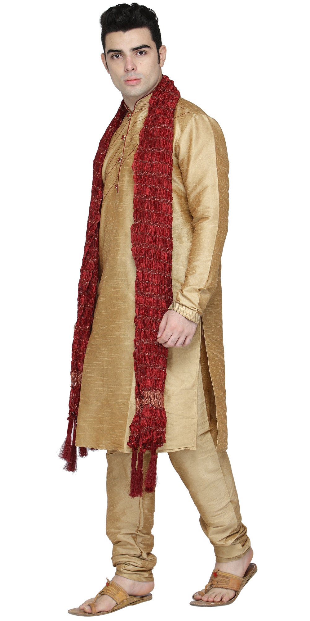 In-Sattva Men's Indian Three-Piece Ensemble Round Neck Buttoned Stripe Patterned Kurta Tunic Pajama Brown