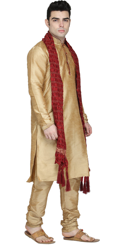 In-Sattva Men's Indian Three-Piece Ensemble Round Neck Buttoned Stripe Patterned Kurta Tunic Pajama Brown