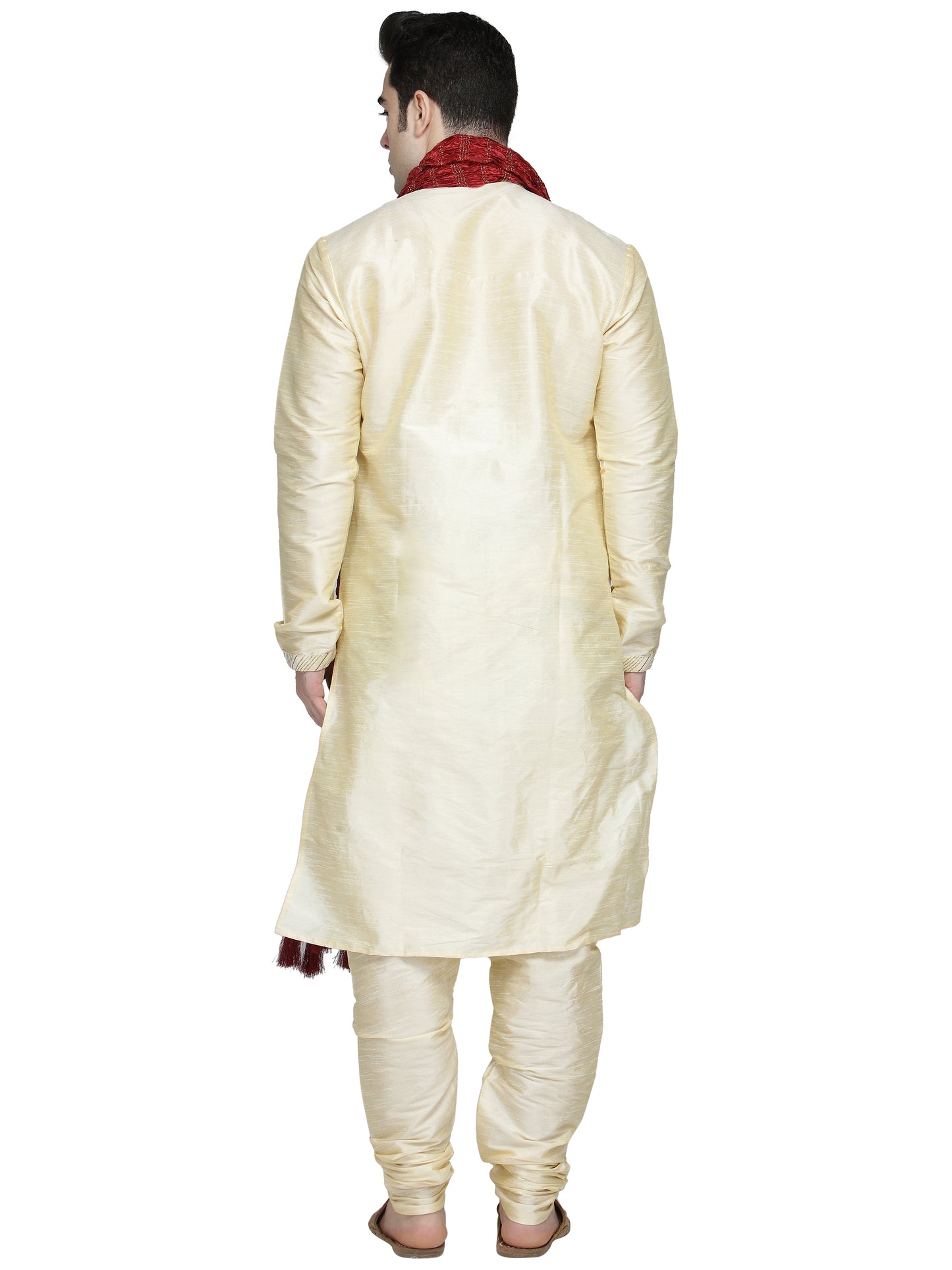 In-Sattva Men's Indian Three-Piece Ensemble Round Neck Pintucked Contrast Kurta Tunic Pajama Beige