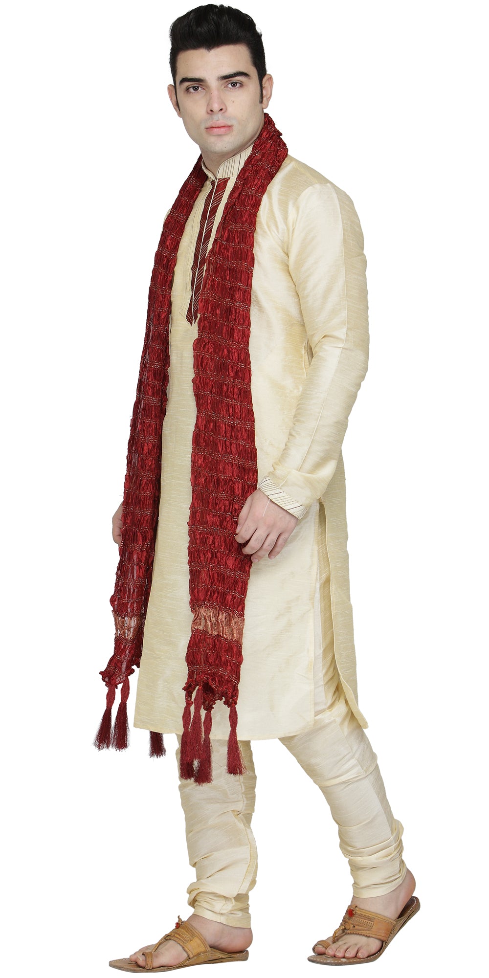 In-Sattva Men's Indian Three-Piece Ensemble Round Neck Pintucked Contrast Kurta Tunic Pajama Beige