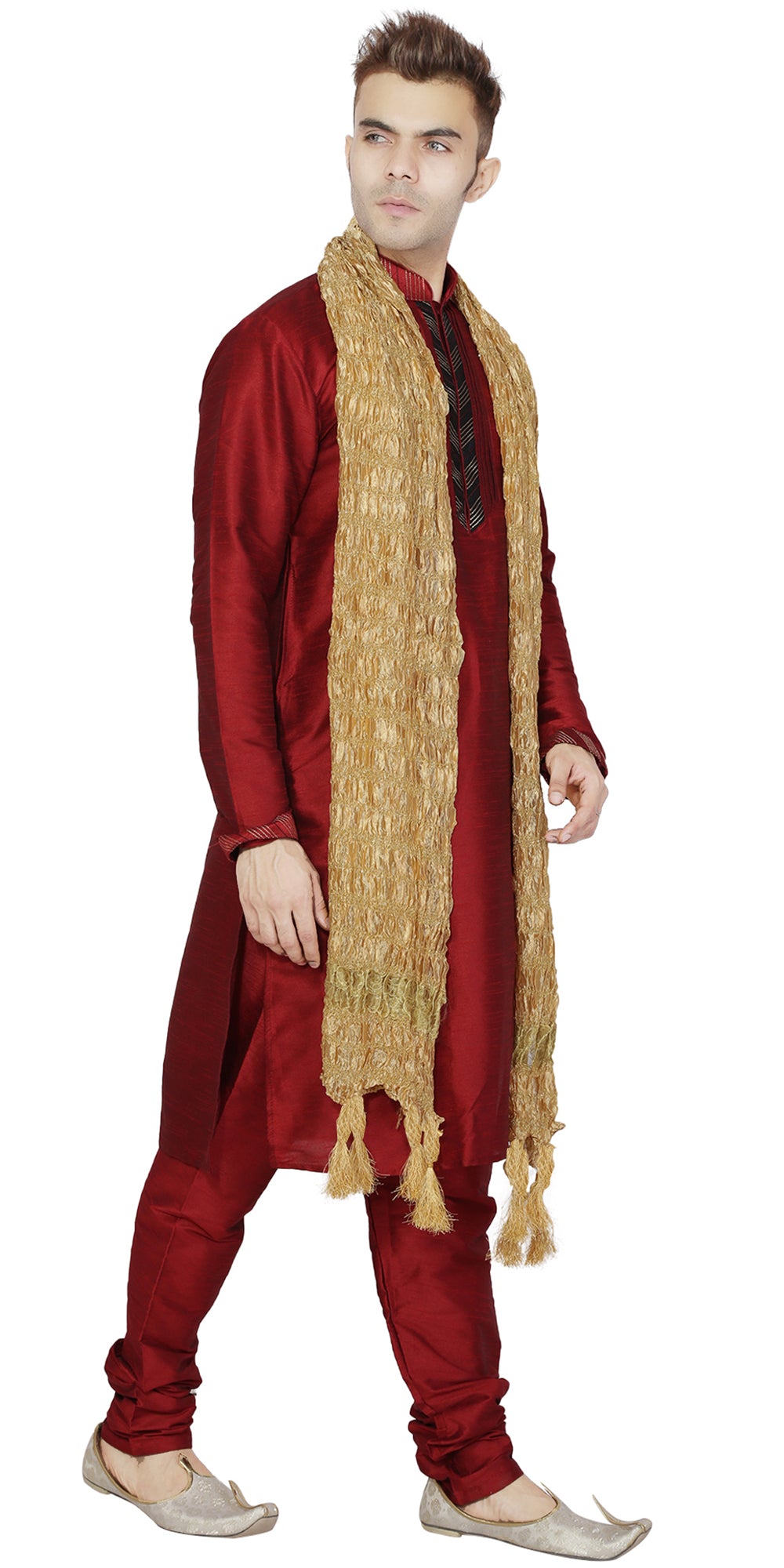 In-Sattva Men's Indian Three-Piece Ensemble Round Neck Pintucked Contrast Kurta Tunic Pajama Red