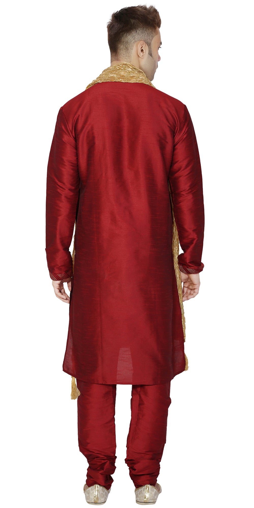 In-Sattva Men's Indian Three-Piece Ensemble Round Neck Pintucked Contrast Kurta Tunic Pajama Red