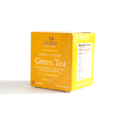 Akshar Ayurveda Lemon and Honey Herbal Tea, 10 tea bags retail packaging box, front and side view
