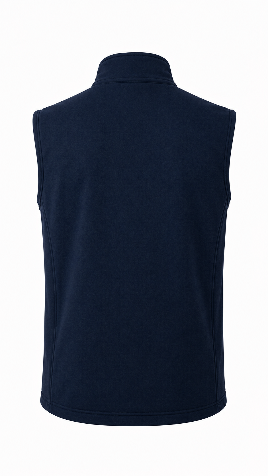 Close-up back view of men's blue softshell zip-up vest, highlighting weather-resistant outdoor wear.