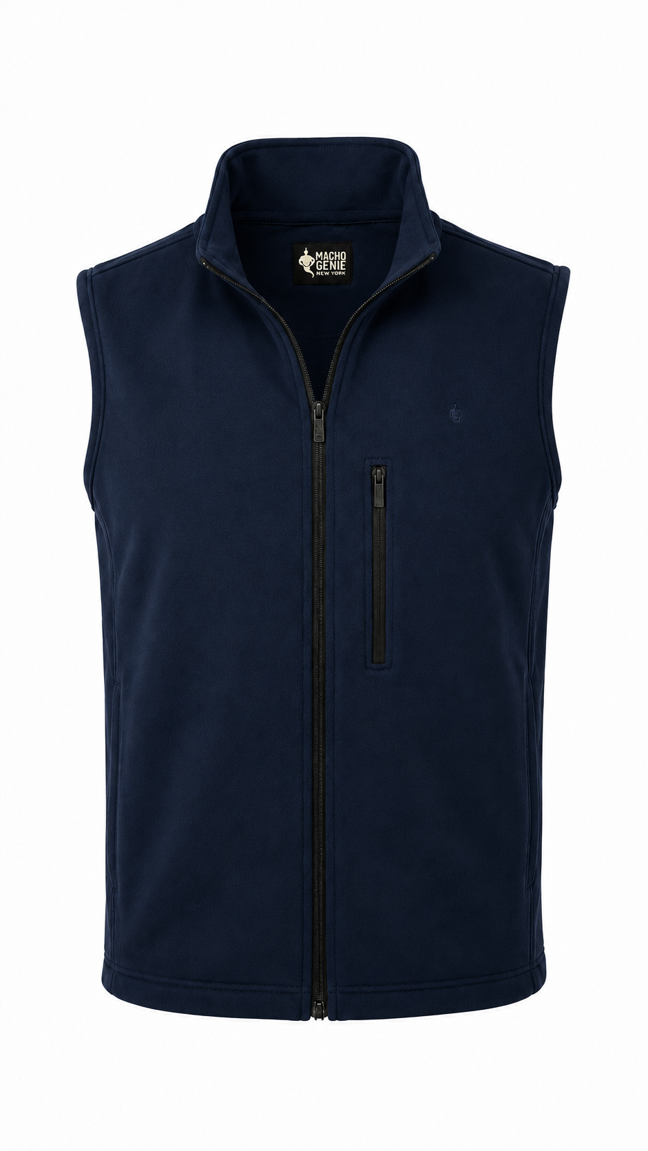 Close-up front view of men's blue softshell zip-up vest, highlighting weather-resistant outdoor wear.