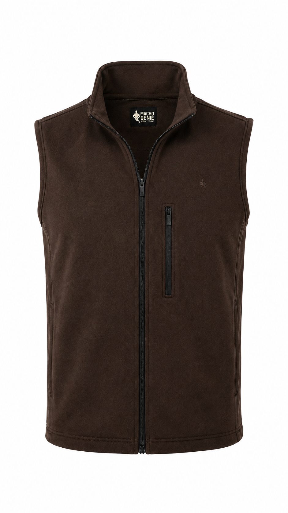 Side profile of men's brown softshell zip-up vest, highlighting weather-resistant layering built to last.