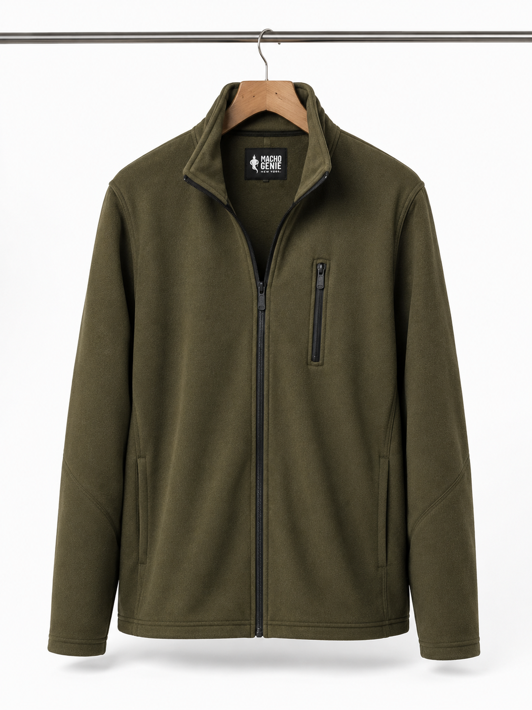 Angled front view of men's olive green softshell jacket, highlighting weather-resistant outdoor wear.