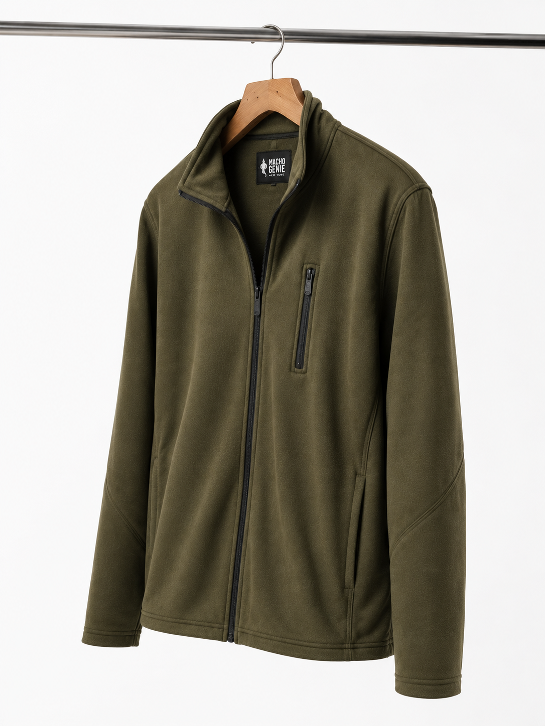 Back view of men's olive green softshell jacket, highlighting weather-resistant outdoor wear.
